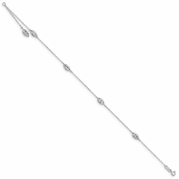 14k White Gold Puffed Rice Bead 9in Plus 1in ext. Anklet - Image 2