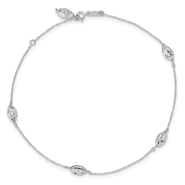 14k White Gold Puffed Rice Bead 9in Plus 1in ext. Anklet - Image 3