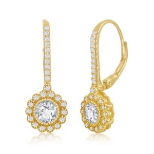 Sterling Silver CZ Flower Design Dangling Earrings - Gold Plated