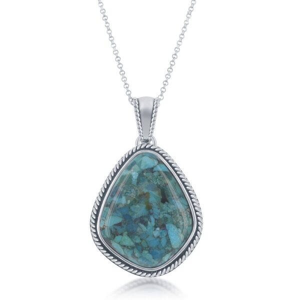 Sterling Silver, Oxidized Rope Border Large Diamond-Shaped Pendant w/Chain - Turquoise
