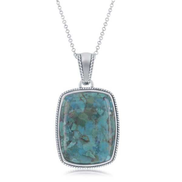 Sterling Silver, Oxidized Rope Design Border Rectangle Pendant w/Chain - Turquoise