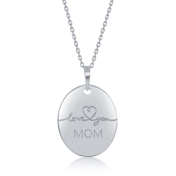 Sterling Silver Engraved  'Love You Mom' Oval Necklace