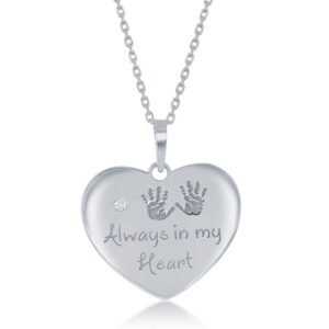 Sterling Silver Engraved Hand Prints 'Always in my Heart' Single CZ Heart Necklace
