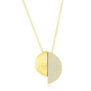 Sterling Silver Half Brushed & Half Micro Pave CZ Necklace - Gold Plated