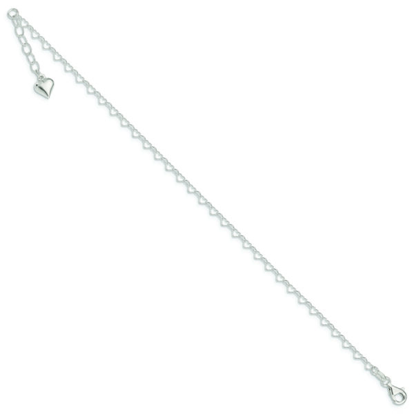 Sterling Silver Polished Puffed Heart 9in Plus 1in ext. Anklet - Image 2