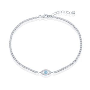 Sterling Silver Evil Eye Enamel CZ Tennis Anklet