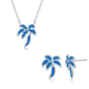 Sterling Silver, Blue Inlay Opal Necklace and Earrings Set - Palm Tree