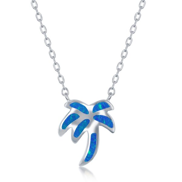 Sterling Silver, Blue Inlay Opal Necklace and Earrings Set - Palm Tree - Image 2