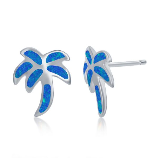 Sterling Silver, Blue Inlay Opal Necklace and Earrings Set - Palm Tree - Image 3