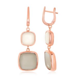 Sterling Silver Top Natural White & Bottom Light Grey Moon Stone Square Earrings - Rose Gold Plated
