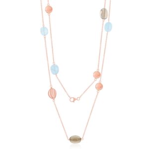 Sterling Silver Multi-Shaped Oval Natural Aquamarine & Smokey Quartz Necklace - Rose Gold Plated