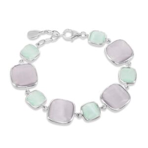 Sterling Silver Alternating Light Green & Grey Square Cat's Eye Bracelet
