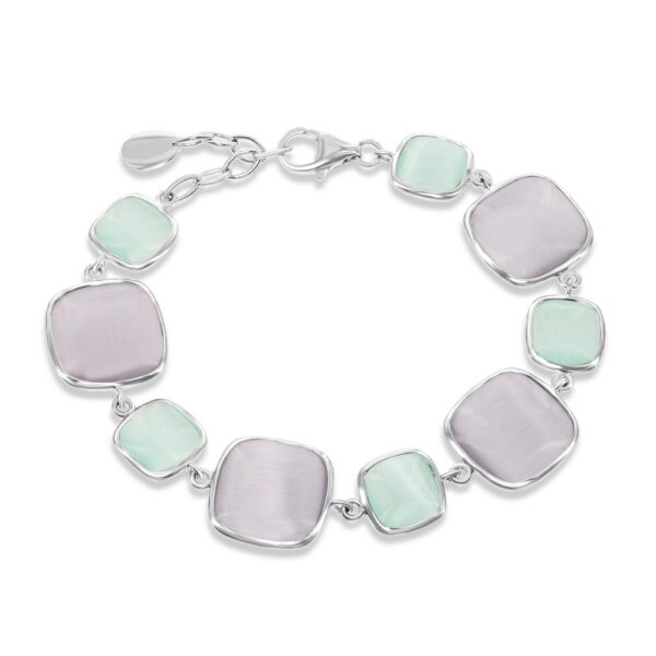 Sterling Silver Alternating Light Green & Grey Square Cat's Eye Bracelet