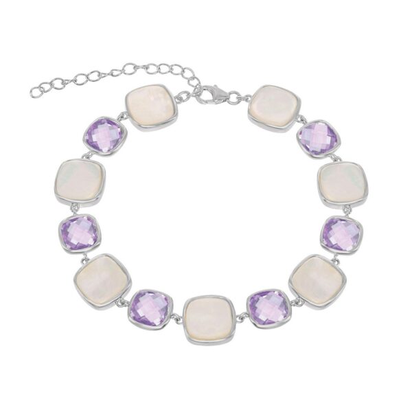 Sterling Silver Alternating Square Amethyst& Mother of Pearl Bracelet
