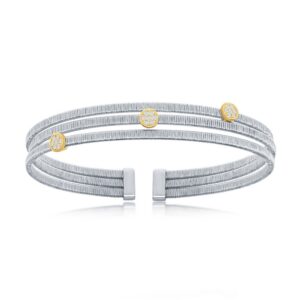 Sterling Silver Round CZ Triple Wire Bangle, Bonded with 14K Gold Plating