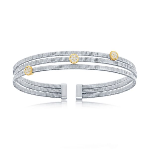 Sterling Silver Round CZ Triple Wire Bangle, Bonded with 14K Gold Plating