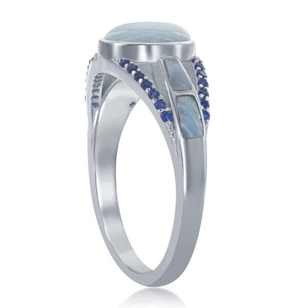 Sterling Silver Round Larimar Open Shank Sapphire CZ Ring - Image 2